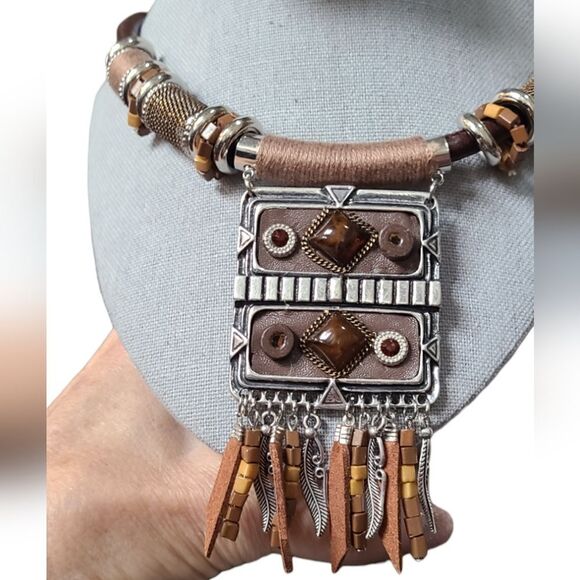 PARIS Necklace Ethnic Tribal Statement Solid Reversible Brown & Silver … - Picture 8 of 13